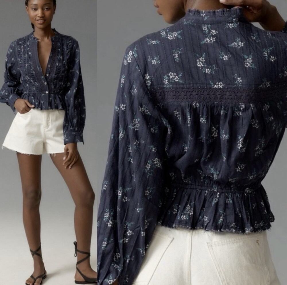 Anthropologie Pilcro Blue Floral Long Sleeve Cropped Delicate Blouse Large